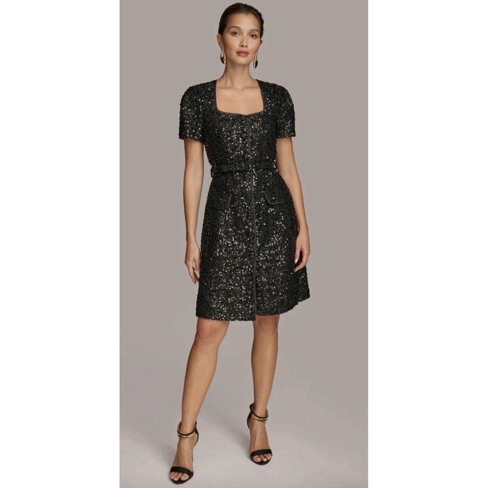 Donna Karan New York Black Sequins Short Sleeve Button Front Belted Dress Size 8
